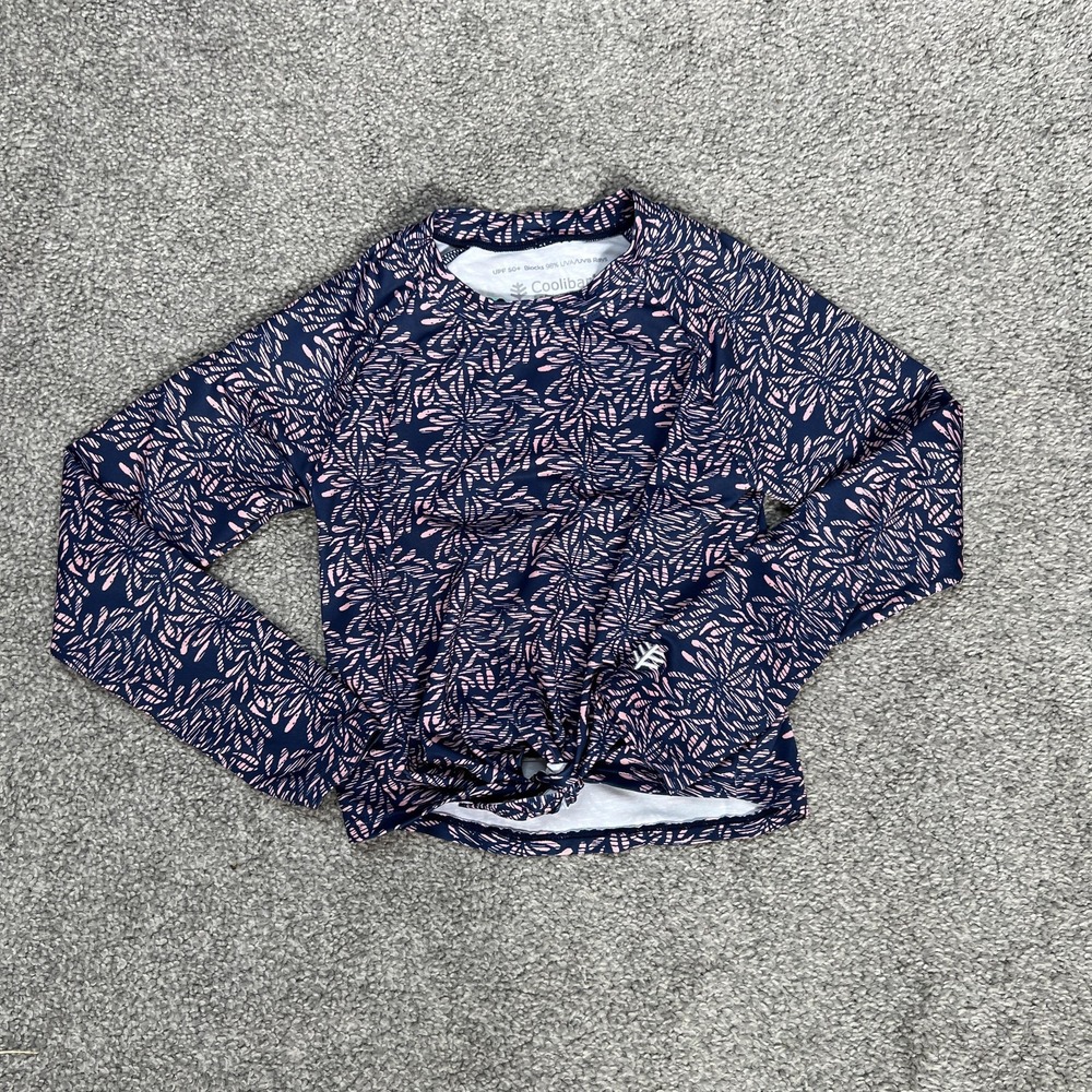 Coolibar Swim‎ Shirt Youth Medium Navy Pink Sunfish Rash Guard UPF 50+ Crewneck